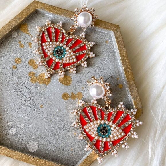 Anthropologie Jewelry - Red Evil Eye Protection Heart Crystal Earrings
